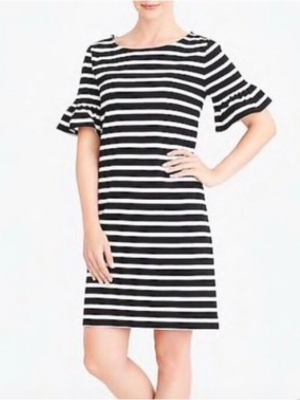 J Crew Black & White Striped Ruffle Sleeve Dress